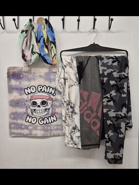 GYM bundle: 3 MED Leggings (adidas, Marble, Camo) + Tote Bag + 2 Headbands